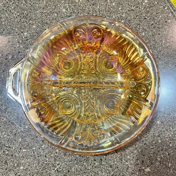 Vintage Carnival Glass Candy Nut Dish Iridescent Marigold Divided Serving Tray - Picture 1 of 5